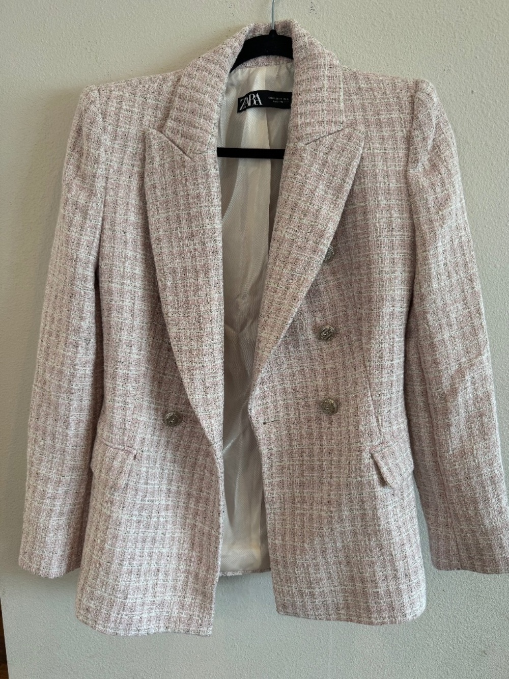 Zara Pink Tweed Double-Breasted Blazer XS